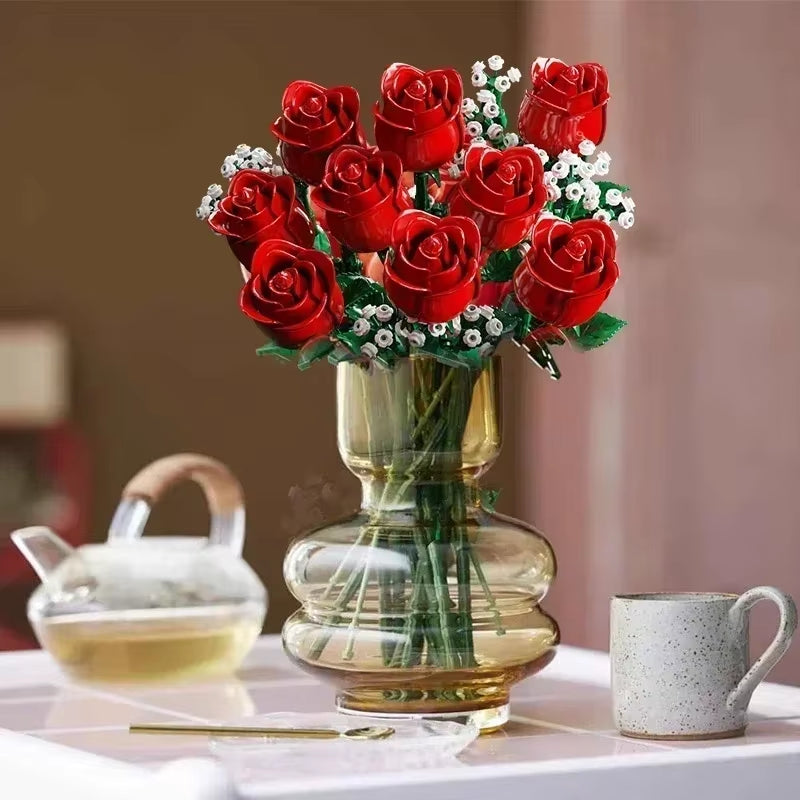 Romantic Rose Flower Bouquet Building Blocks Creative Home Desk Plant Decoration Assemble Bricks Toys for Gifts Girls Lady
