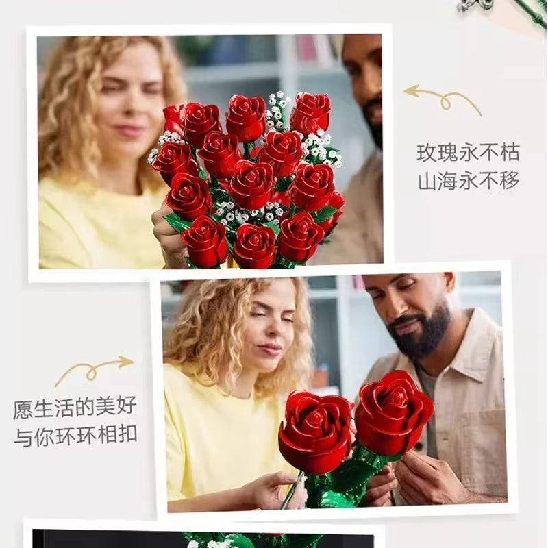 Romantic Rose Flower Bouquet Building Blocks Creative Home Desk Plant Decoration Assemble Bricks Toys for Gifts Girls Lady